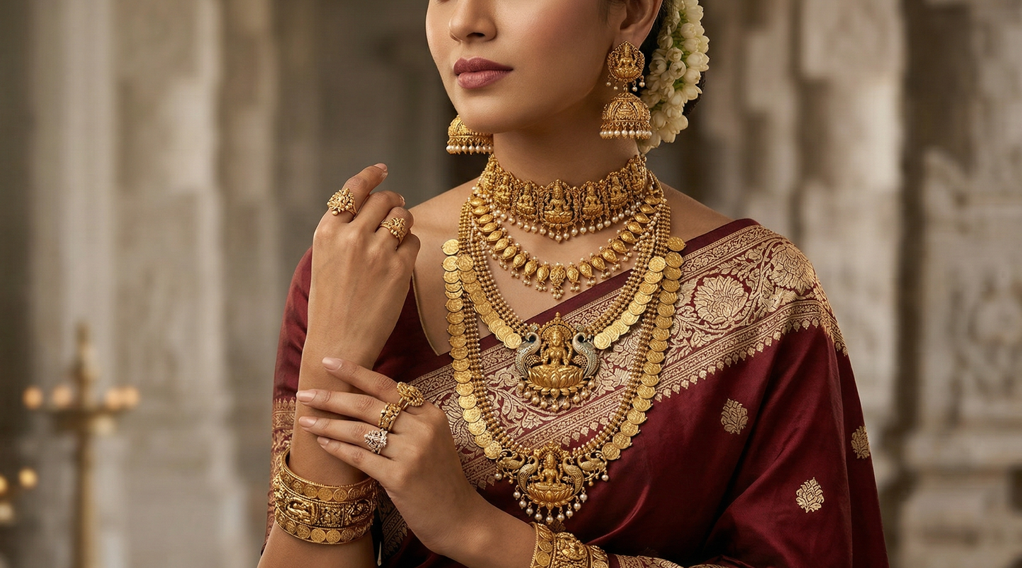 Elegant gold plated silver temple jewellery designs 2026 featuring South Indian bridal necklace Lakshmi kasu haram and antique temple jewellery set