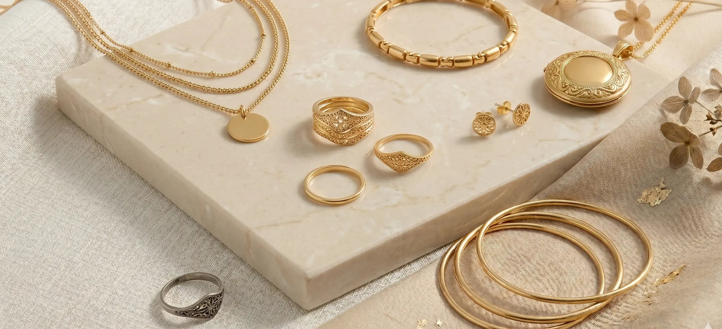 Flatlay of gold plated 925 silver jewellery showing quality pieces and common buying mistakes
