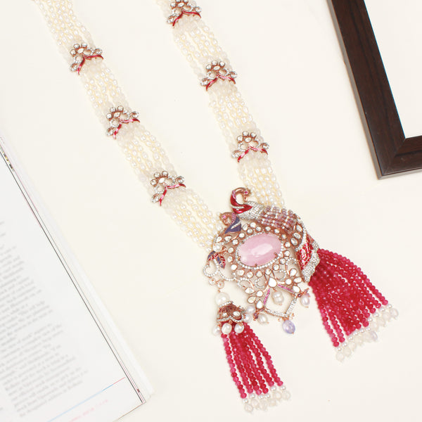 Alluring Peacock Rose Plated Elite Beaded Haram With Earring