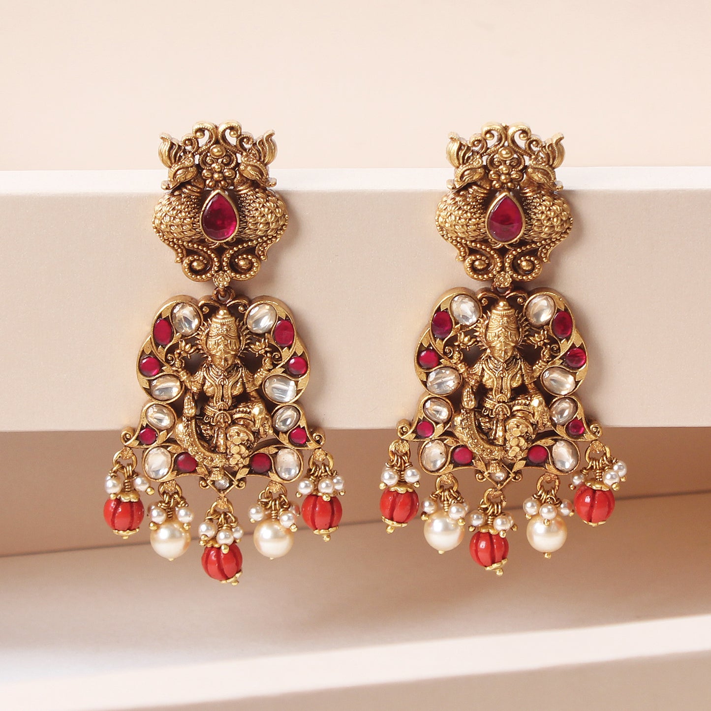 Elegant Peacock Gold Plated Hamsa 3D Kundan Nagas Earrings