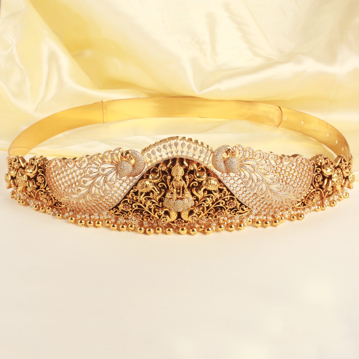 Mahalakshmi With Studded Peacock Gold Plated Nagas Cz Oddiyanam