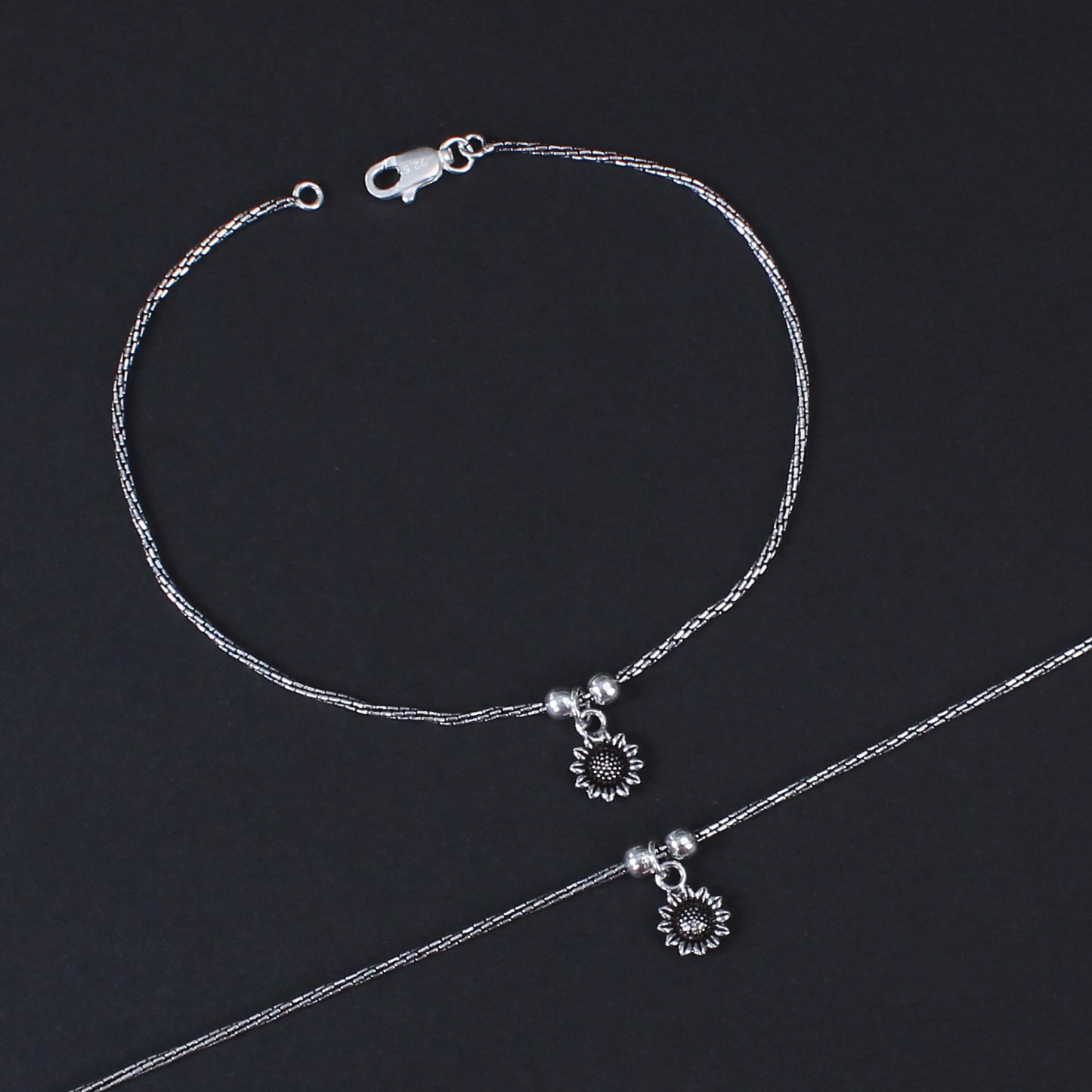 Oxidised Hanging Sunflower Silver Anklet