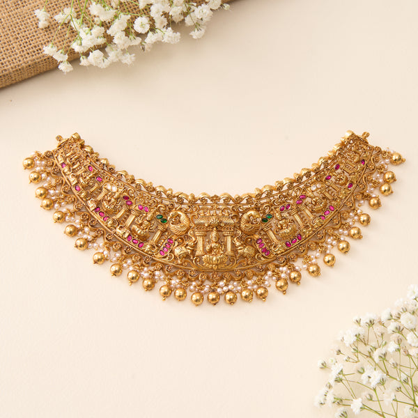 Whimsical Gold Ball Hanging 3D Lakshmi Nagas Gold Plated Silver Choker