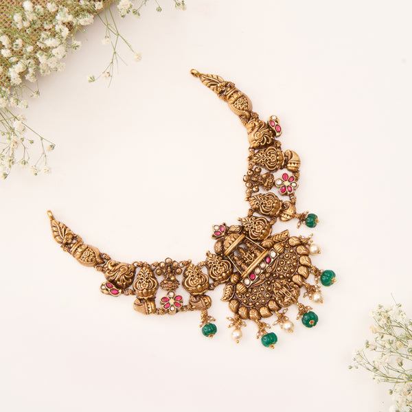 Peacock With Lakshmi Kundan Nagas Necklace In Silver With Gold Plating