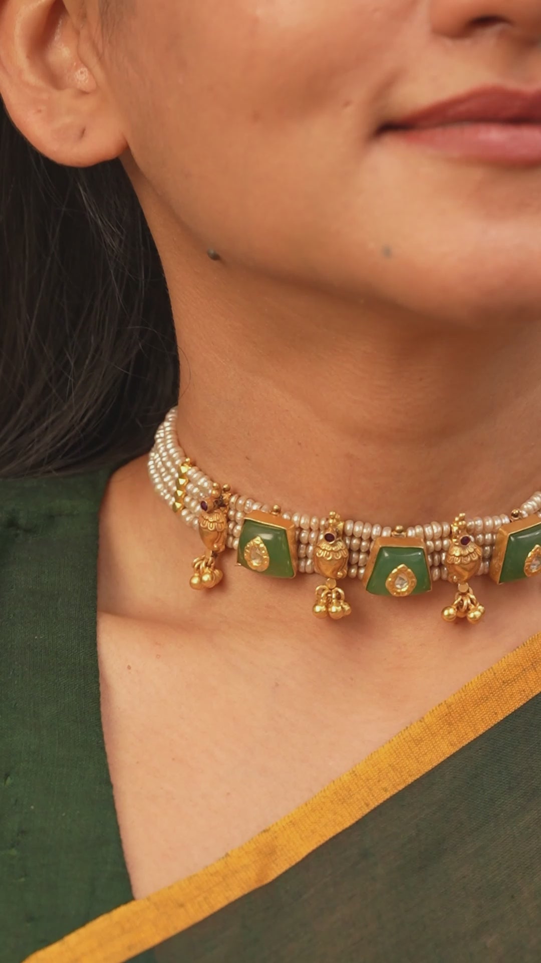 Gold Plated Green Stone Nagas Peacock With Pearl Choker