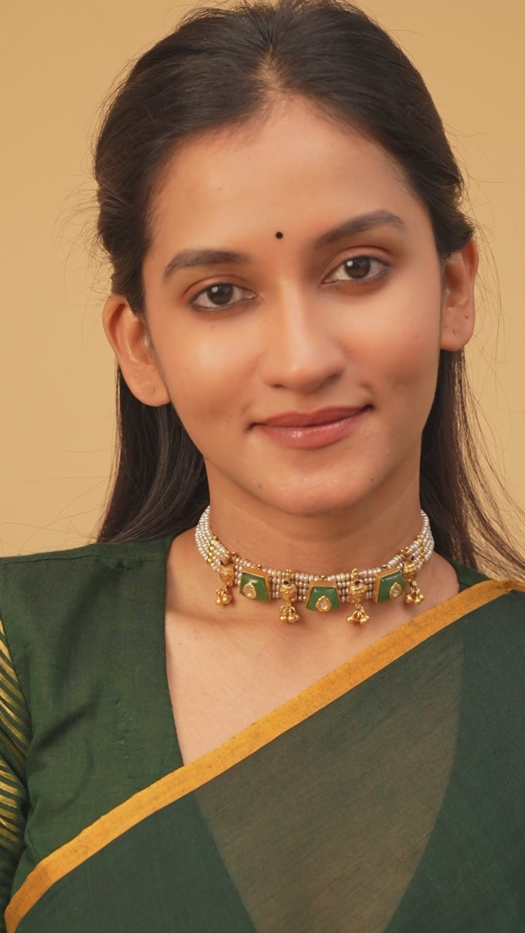 Gold Plated Green Stone Nagas Peacock With Pearl Choker