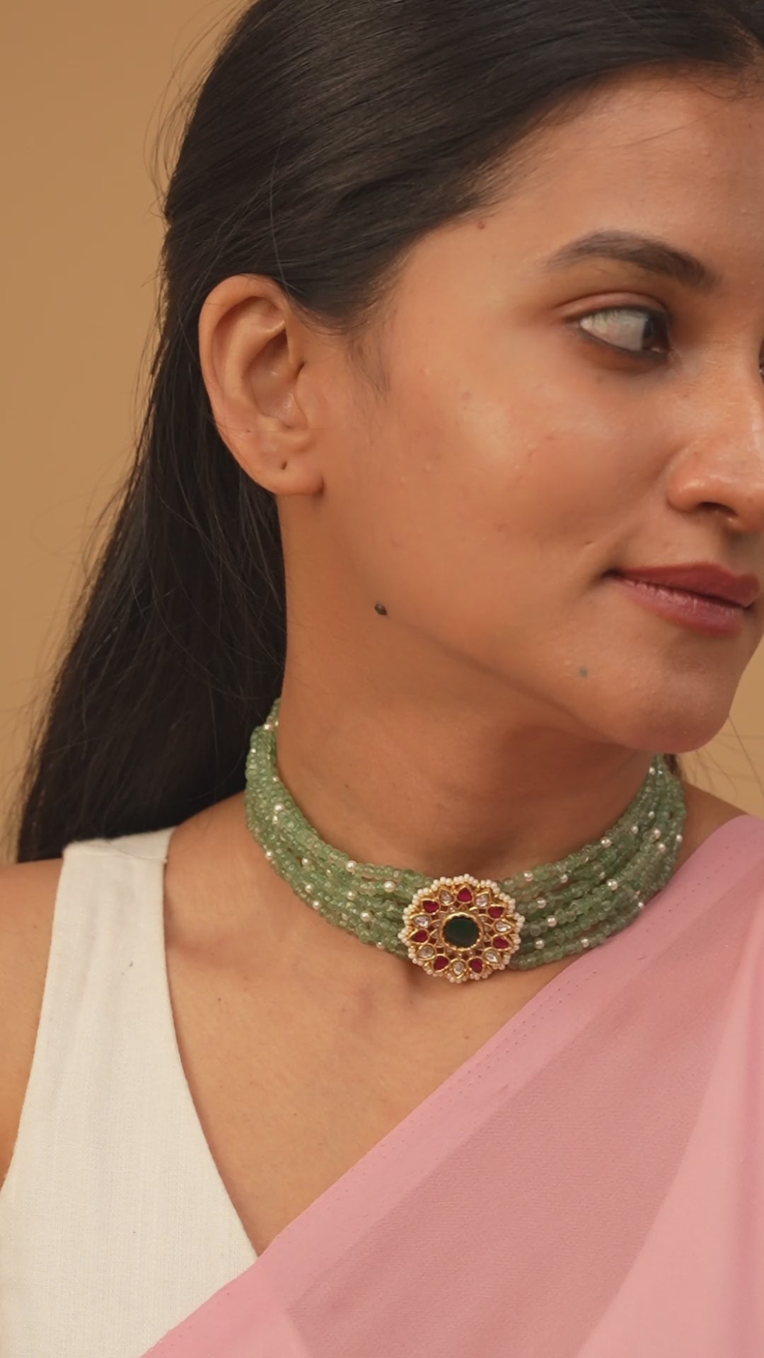 Gold Plated Light Green Beaded With Floral  Kundan Choker